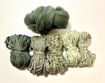 Green Fiber Destash Pack | Wool Roving, Vegan Silk, Macrame String
