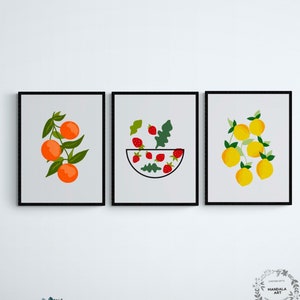 Fruits Print Set of 3, Lemons Strawberries Oranges, Kitchen Wall Art, Gallery Wall Set, Printable Fruits Art Poster Bundle, Fruits Print