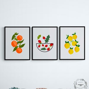 Fruits Print Set of 3, Lemons Strawberries Oranges, Kitchen Wall Art, Gallery Wall Set, Printable Fruits Art Poster Bundle, Fruits Print