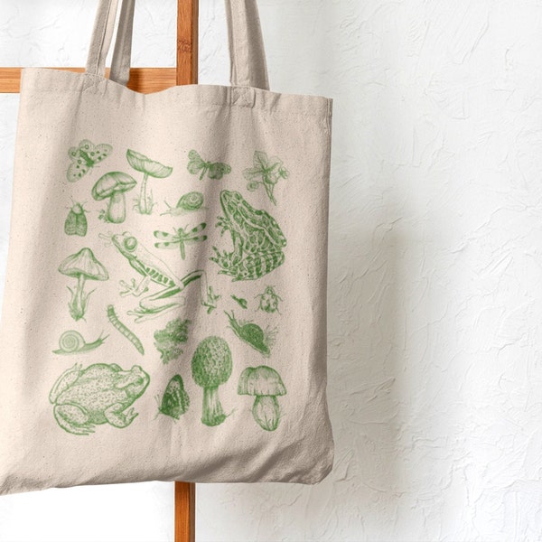 Goblincore Tote Frog Tote Bag Sustainable Tote Canvas Tote Bag Lindo Tote Bag Cottagecore Tote Bolso de hombro Bolsa de compras Eco Tote Bag