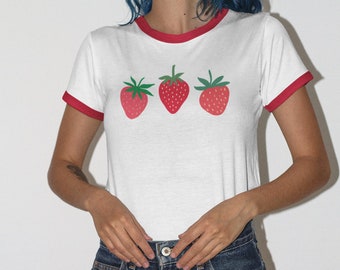 Strawberry Shirt Ringer Tee Strawberry Clothes Strawberry Top Garden Shirt Aesthetic Clothing Cottagecore Clothes Botanical Shirt