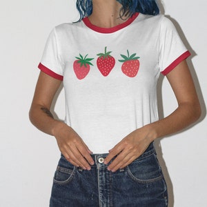 Strawberry Shirt Ringer Tee Strawberry Clothes Strawberry Top Garden Shirt Aesthetic Clothing Cottagecore Clothes Botanical Shirt