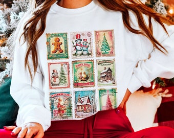 Sudadera con sellos navideños Camiseta con sellos vintage Camiseta con cuello redondo con sellos navideños Camiseta con sellos de viaje Colección de sellos Camiseta vintage de Papá Noel