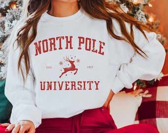 North Pole University Christmas Crewneck Holiday Sweatshirts Cute Preppy Pullover Vintage Sweatshirt College Sweatshirt Aesthetic Sweatshirt