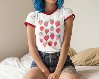 Strawberry Shirt Ringer Tee Strawberry Clothes Strawberry Top Garden Shirt Aesthetic Clothing Cottagecore Clothes Botanical Shirt