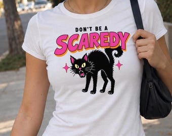 Scaredy Cat Baby Tee Cat Clothes Funny Text Cat Shirt Halloween Baby Tee Retro Halloween Y2k Clothes Vintage Black Cat Spooky Season