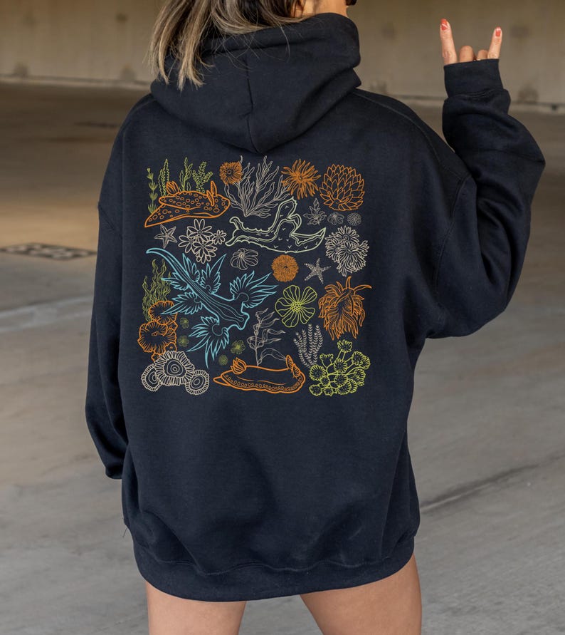 Nudibranch Hoodie Sea Slug Ocean Animal Shirt Snail Sweatshirt Beachy Hoodies Coconut Girl Clothes Ecology Shirt Granola Girl Salty Granola Black