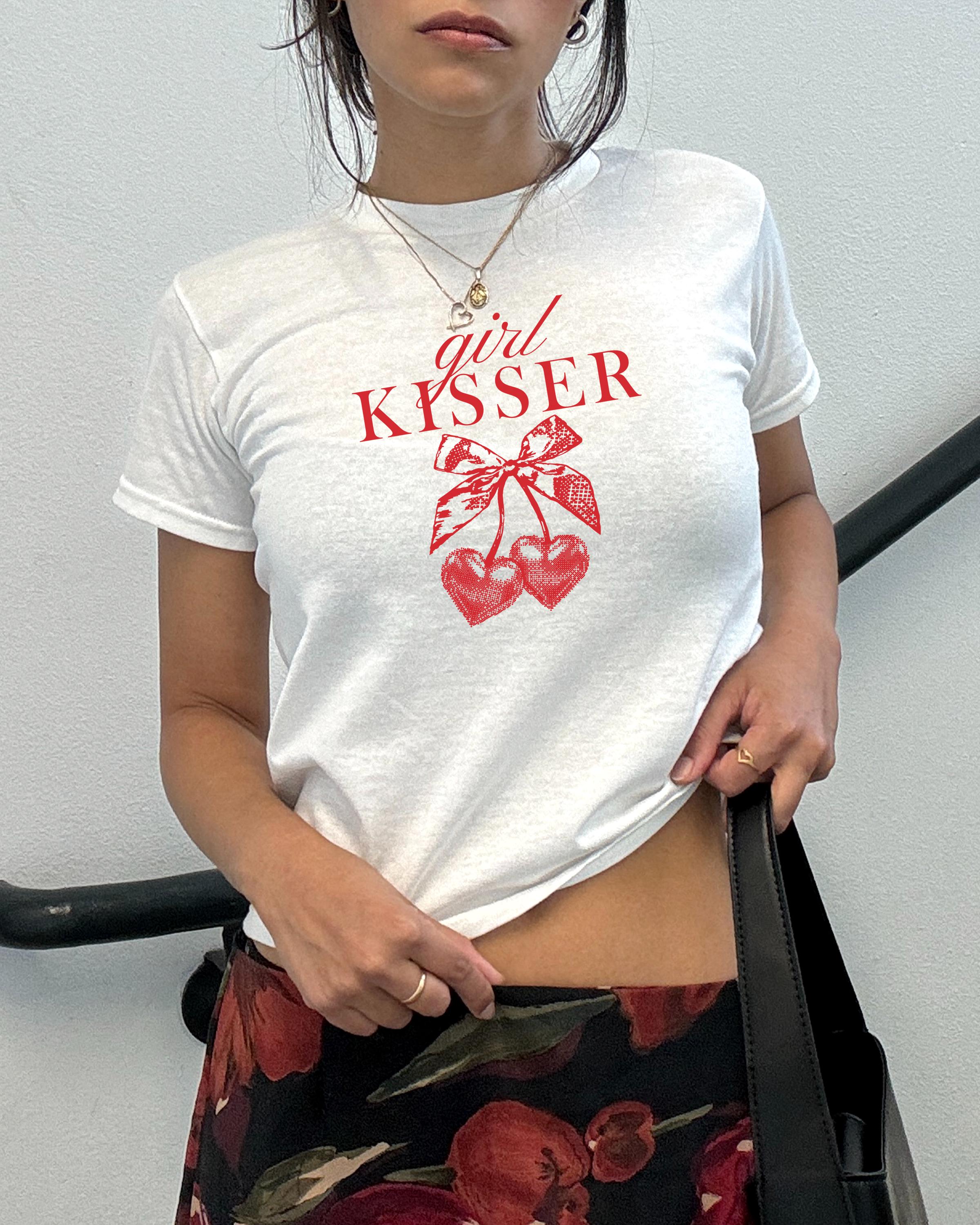 Girl Kisser 90s Baby Tee Pride Baby Tee Sapphic Shirt Non Binary Shirt Coquette Clothes Queer Shirt Lesbian Shirt LGBT Shirt Cherry Shirt