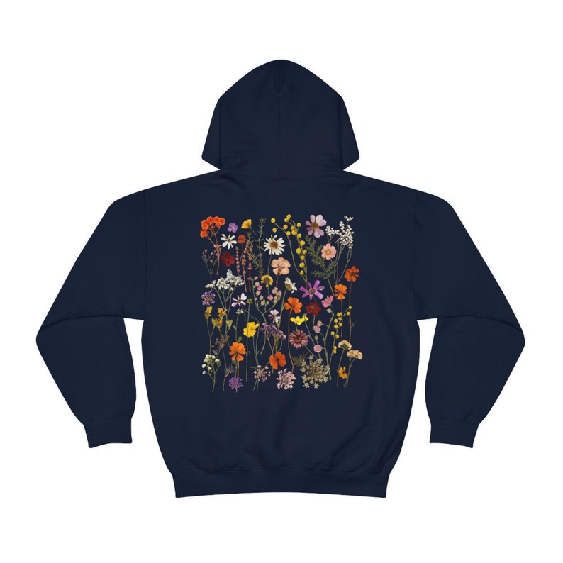 Pressed Flowers Cottagecore Hoodie Cottage Core Hoodie Wildflower Sweater Floral Hoodie Nature Hoodie Goblincore Hoodie Fairycore Clothing Navy