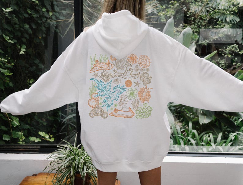 Nudibranch Hoodie Sea Slug Ocean Animal Shirt Snail Sweatshirt Beachy Hoodies Coconut Girl Clothes Ecology Shirt Granola Girl Salty Granola White
