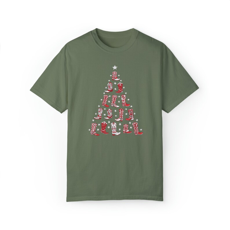 Western Christmas Shirt Comfort Colors Cowboy Shirt Cowboy Boot Christmas Tree Shirt Western Christmas Tree Cowgirl Boots Shirt Moss
