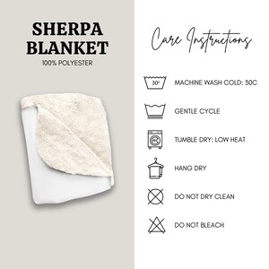May include: A folded sherpa blanket with a white underside and a cream-colored, fluffy top layer. The text "SHERPA BLANKET" and "100% POLYESTER" are displayed. Care instructions include machine wash cold, gentle cycle, tumble dry low, hang dry, do not dry clean, and do not bleach.