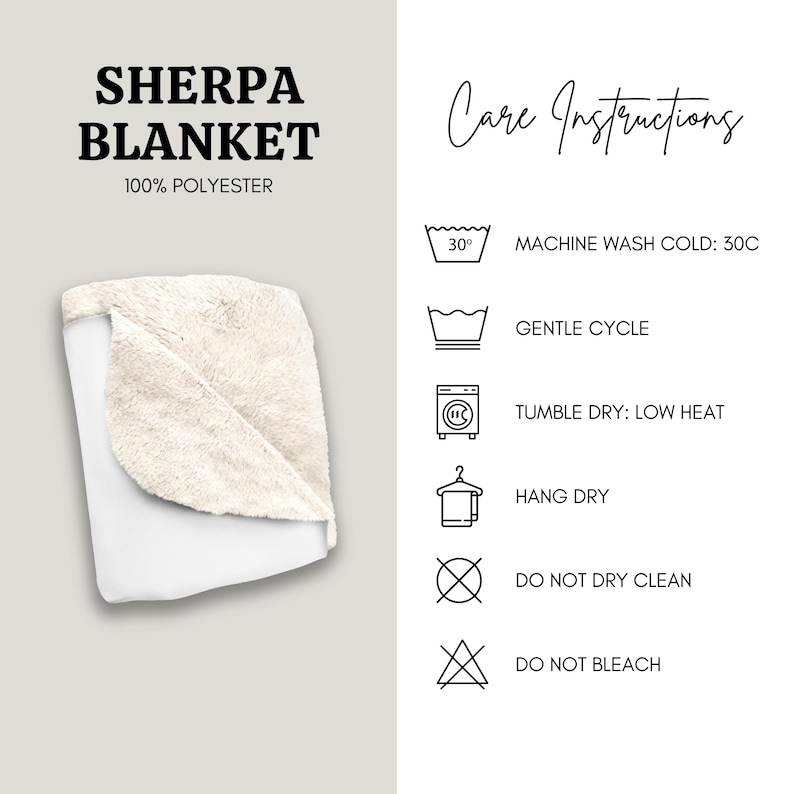 May include: A folded sherpa blanket with a white underside and a cream-colored, fluffy top layer. The text "SHERPA BLANKET" and "100% POLYESTER" are displayed. Care instructions include machine wash cold, gentle cycle, tumble dry low, hang dry, do not dry clean, and do not bleach.