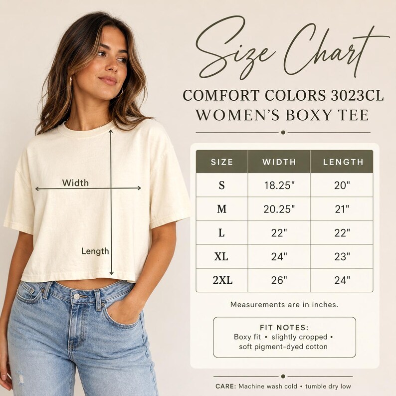 May include: A woman wearing a cream-colored, boxy tee shirt. The image includes a size chart for the shirt, with measurements in inches. The shirt is slightly cropped and made of soft pigment-dyed cotton. The care instructions are also listed.