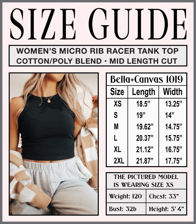 May include: Size guide for a black micro rib racer tank top. The guide includes measurements for sizes XS to 2XL, with lengths ranging from 18.5 inches to 21.87 inches and widths from 13.25 inches to 17.75 inches. The model is wearing size XS.