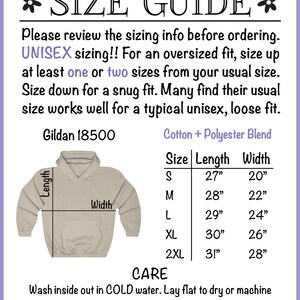 May include: Size chart for a unisex hoodie, showing the length and width measurements in inches for sizes S, M, L, XL, and 2XL. The chart is labeled "Gildan 18500" and "Cotton + Polyester Blend".