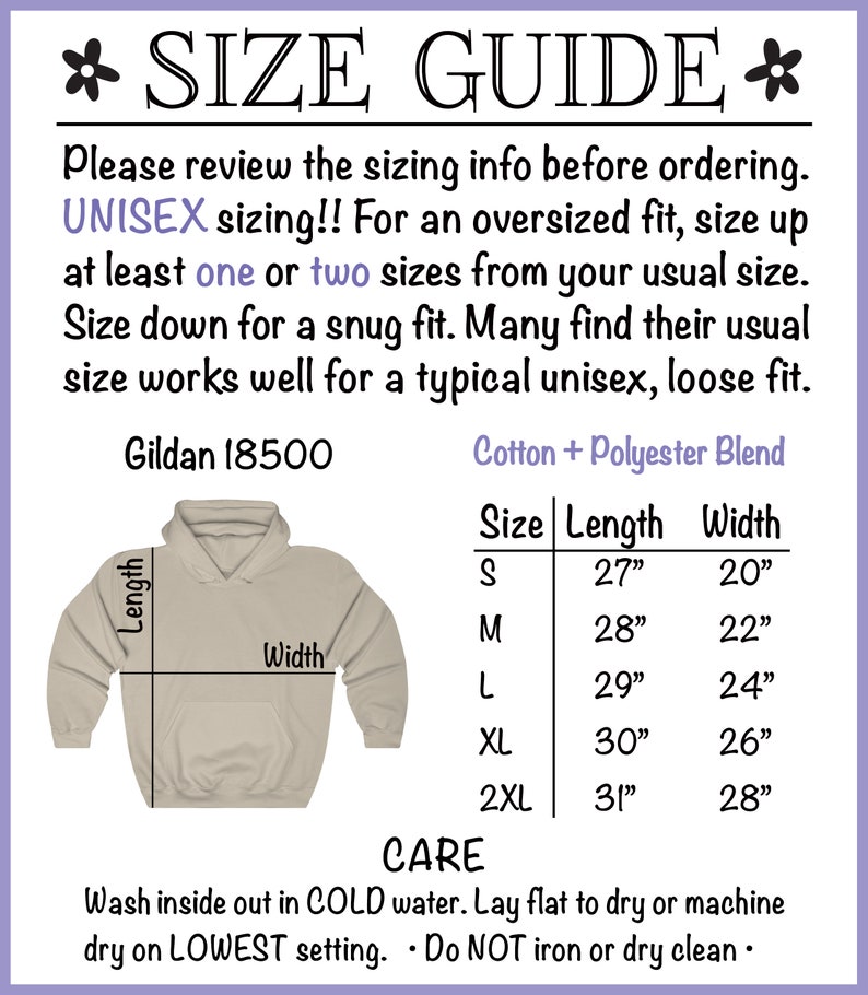 May include: Size chart for a unisex hoodie, showing the length and width measurements in inches for sizes S, M, L, XL, and 2XL. The chart is labeled "Gildan 18500" and "Cotton + Polyester Blend".