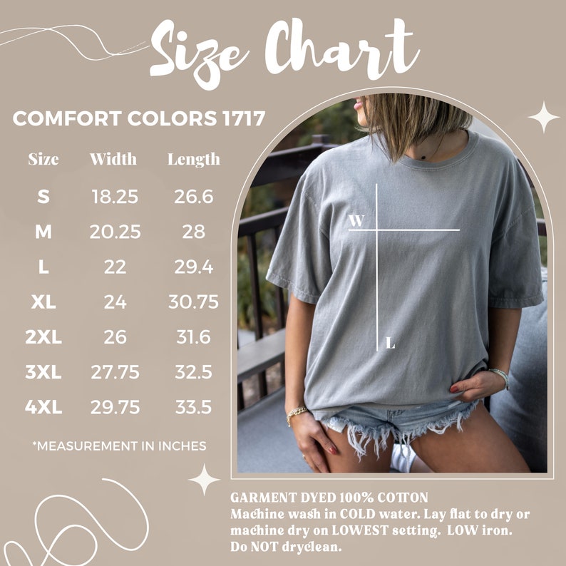K&ouml;nnte beinhalten: Gr&ouml;&szlig;entabelle f&uuml;r T-Shirts in den Gr&ouml;&szlig;en S bis 4XL. Die Tabelle zeigt die Breite und L&auml;nge in Zoll f&uuml;r jede Gr&ouml;&szlig;e. Der Text "COMFORT COLORS 1717" befindet sich oben in der Tabelle. Der Text "GARMENT DYED 100% COTTON" befindet sich unten in der Tabelle, zusammen mit Anweisungen zum Waschen und Trocknen der T-Shirts.
