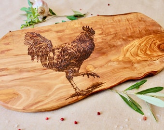 Cadeau fête des mères, cadeau homme, planche à découper personnalisée, bois d'olivier, amoureux de la nature, coq