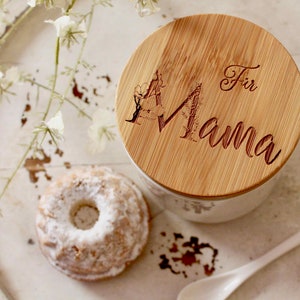 personalized cookie jar, storage can ceramic with bamboo, persoanlized monogram