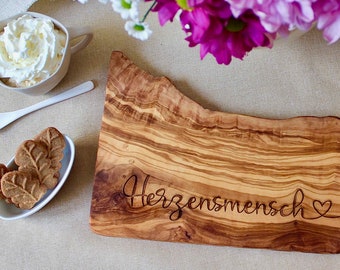 Personalized Olive Wood Breakfast Board | Heart Engraved | Christmas Valentine's Birthday Gift | Cutting Board Wooden