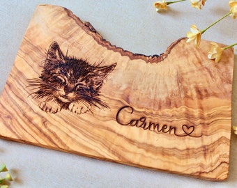 Regalo de Navidad, tabla de desayuno personalizada, tabla de cortar personalizada, gato, madera de olivo, regalo de mujer