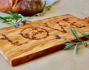 Wedding Gift Cutting Board Olive Wood Handle Personalized | Engraving Bride Groom Names | Christmas Housewarming Anniversary | Kitchen Board