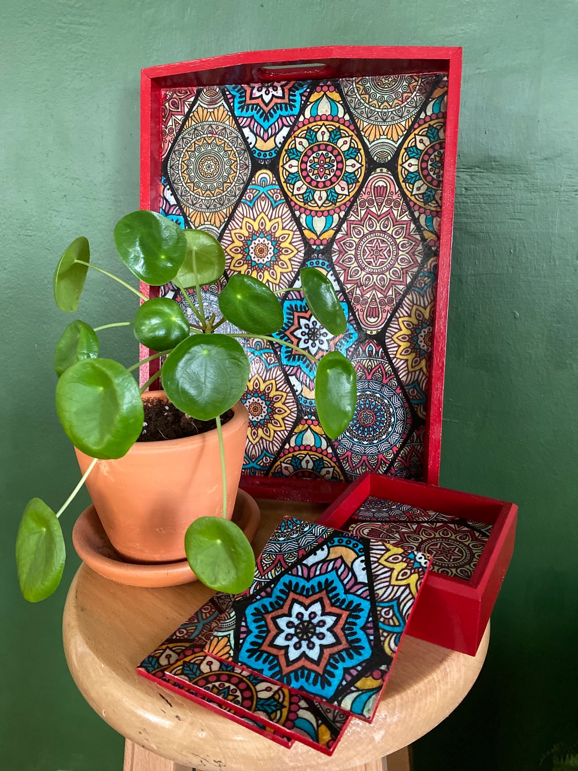 Serving Tray and Coasters Red Serving Tray Wooden Coasters Etsy