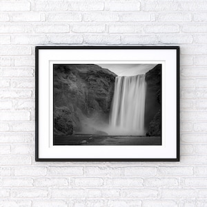 Iceland Black & White Print - &quot;Skógafoss&quot; - Silver Gelatin Print - Iceland Photography Print with White Border