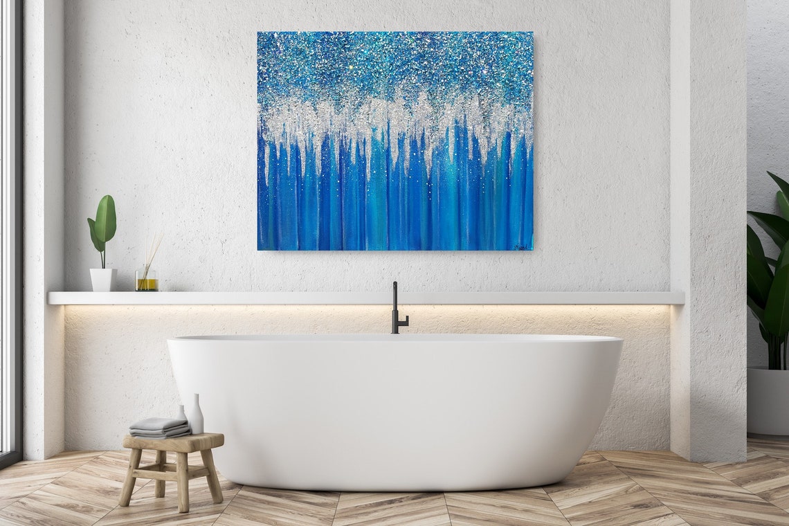 Blue Glitter Crushed Glass Art Silver Glitter Wall Decor Etsy