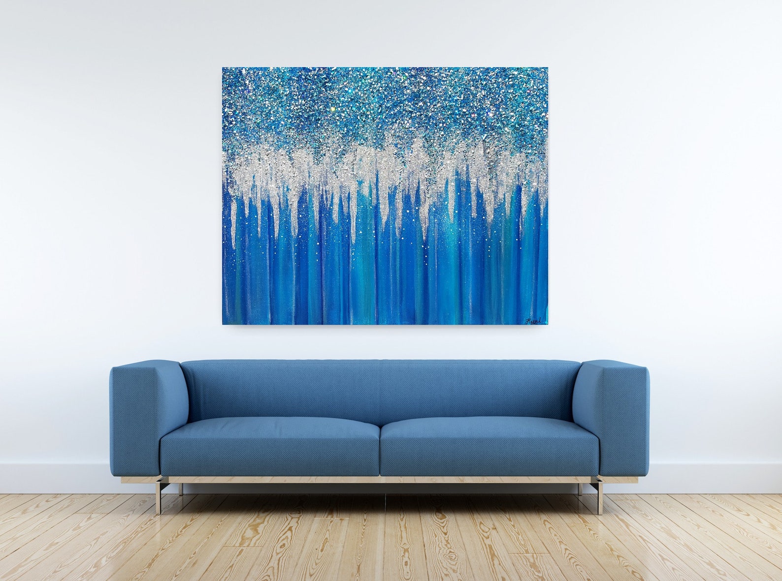 Blue Glitter Crushed Glass Art Silver Glitter Wall Decor Etsy