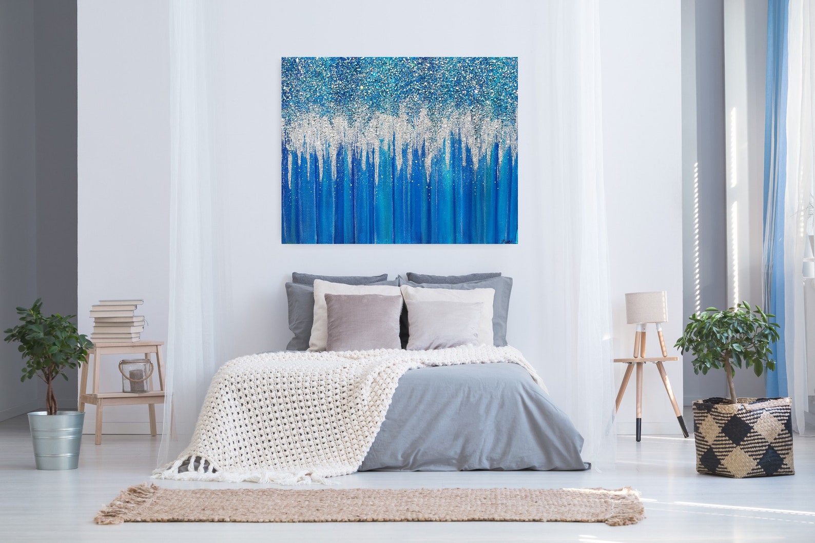 Blue Glitter Crushed Glass Art Silver Glitter Wall Decor Etsy