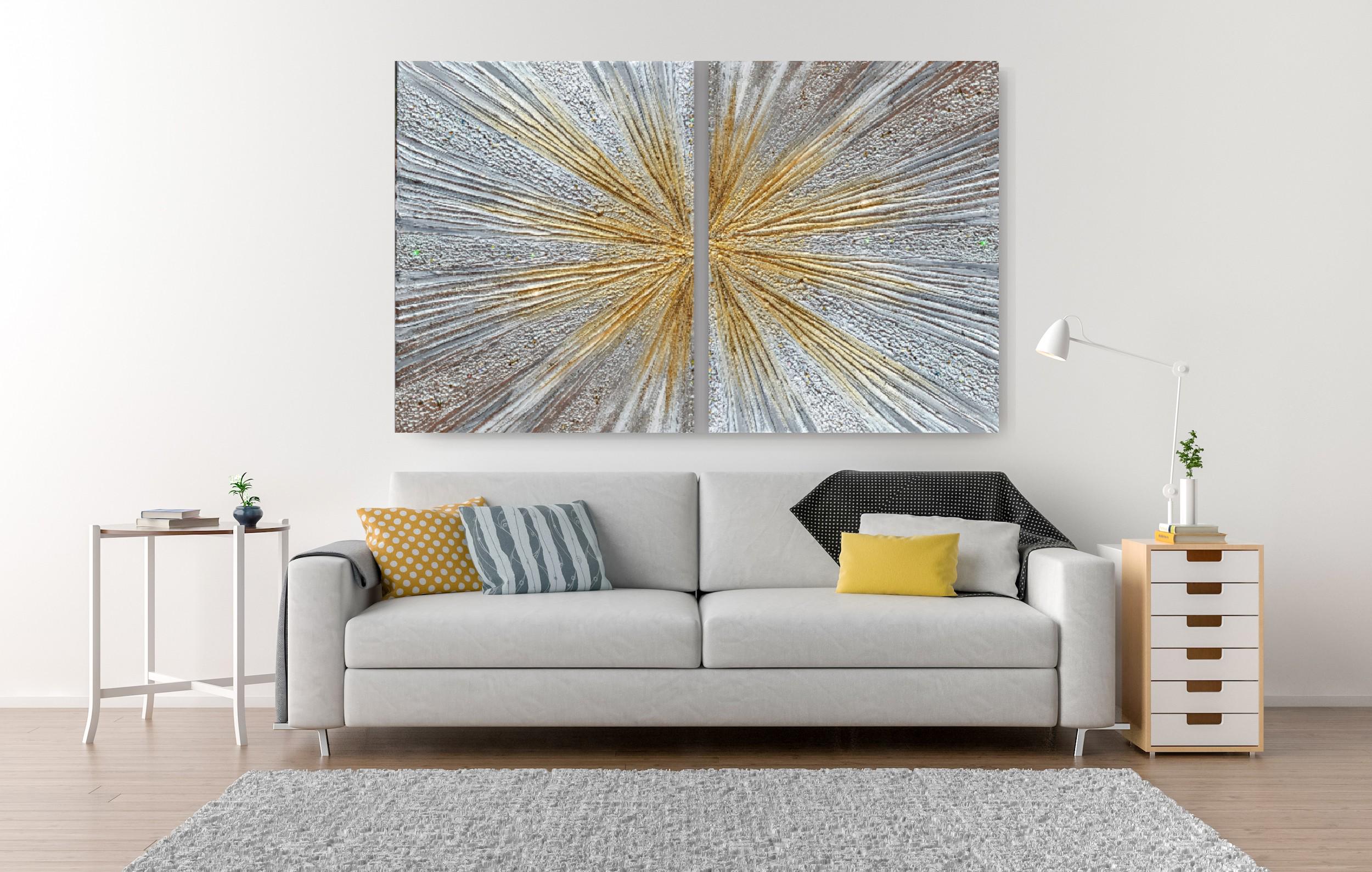 Sunburst Gold Glitter Painting: Silver Accent, Modern Textured