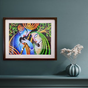 Radha Krishna Canvas Print: Modern Hindu God Art with Brown Frame