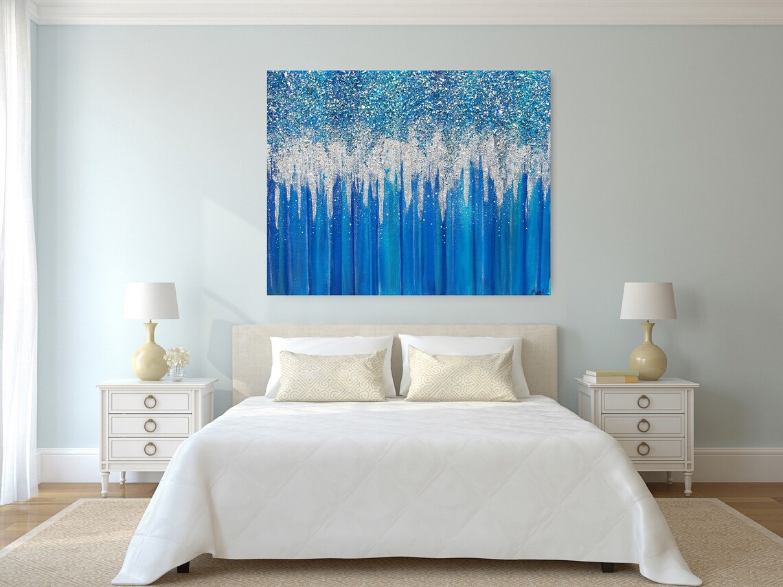 Blue Glitter Crushed Glass Art Silver Glitter Wall Decor Etsy