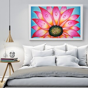 Pink Daisy Flower, Acrylic Painting, Original art, Pink flower, Canvas Painting, Pink and Blue cool colors