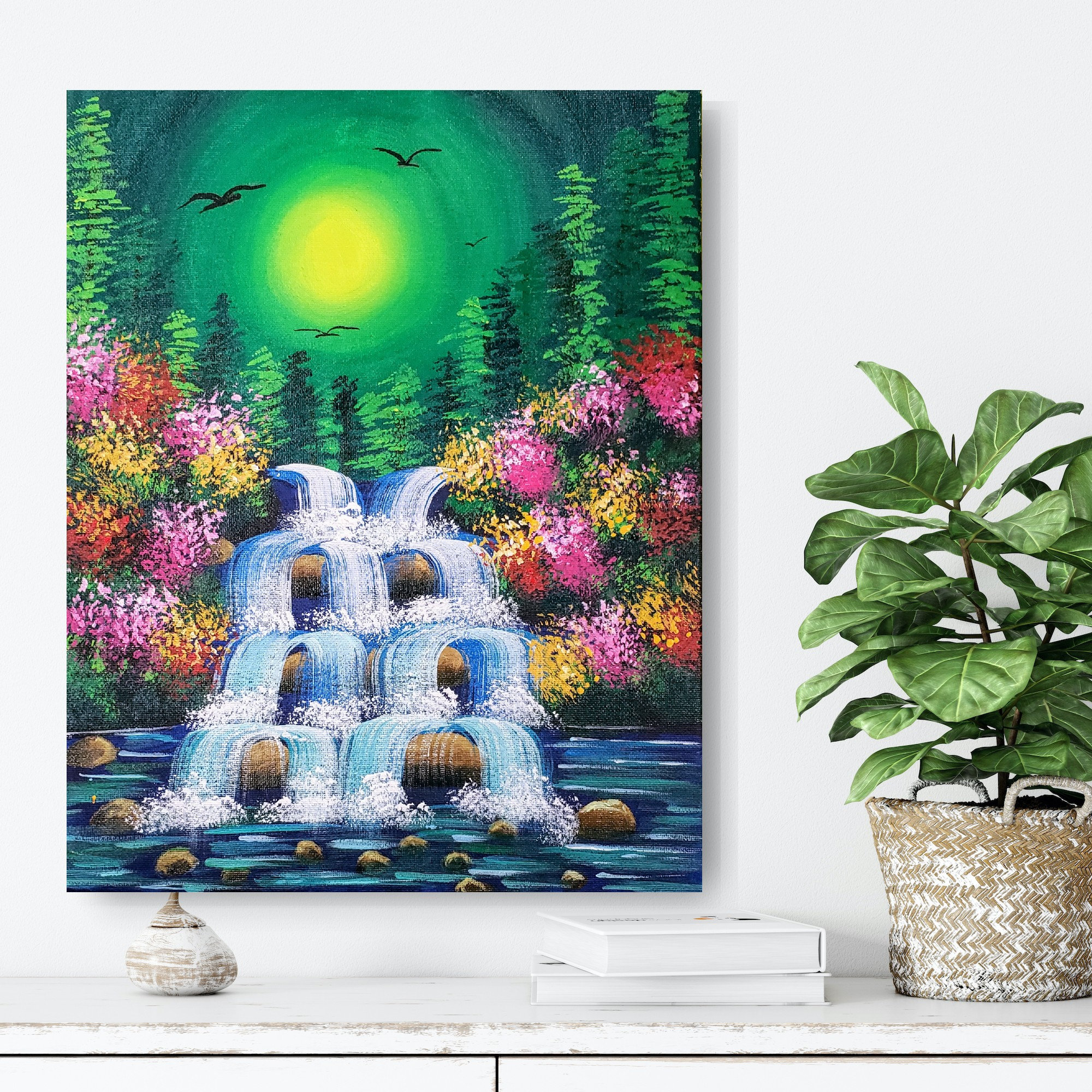 Handmade Waterfall Acrylic Painting: Colorful Landscape Wall Art