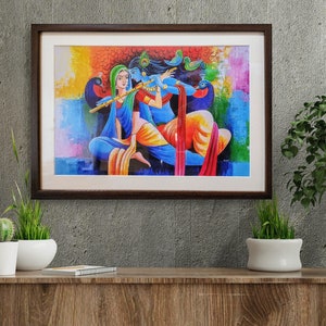 Radha Krishna Canvas Print: Modern Hindu God Art with Brown Frame