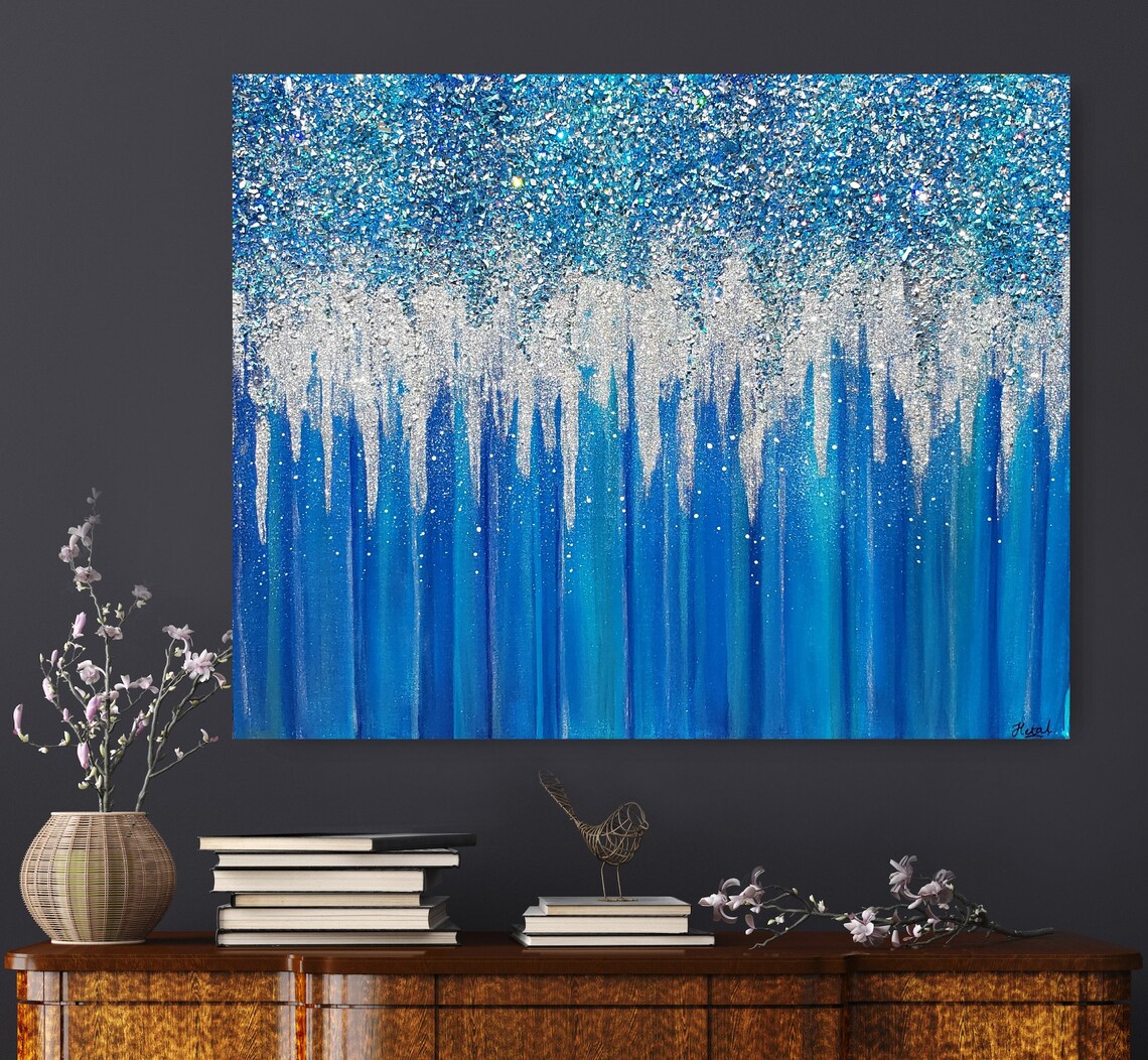 Blue Glitter Crushed Glass Art Silver Glitter Wall Decor Etsy