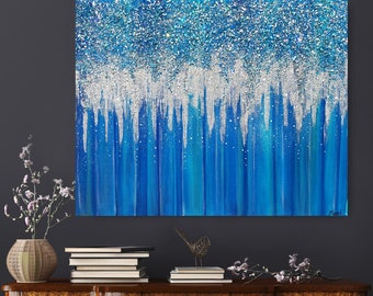 Blue Glitter Crushed Glass Abstract Art: Modern Silver Wall Decor