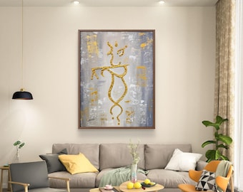 May include: A rectangular wall art piece featuring a textured gold abstract silhouette of a flute player centered on a gray and white background with gold leaf accents, enclosed in a thin brown wooden frame, displayed in a living room setting.