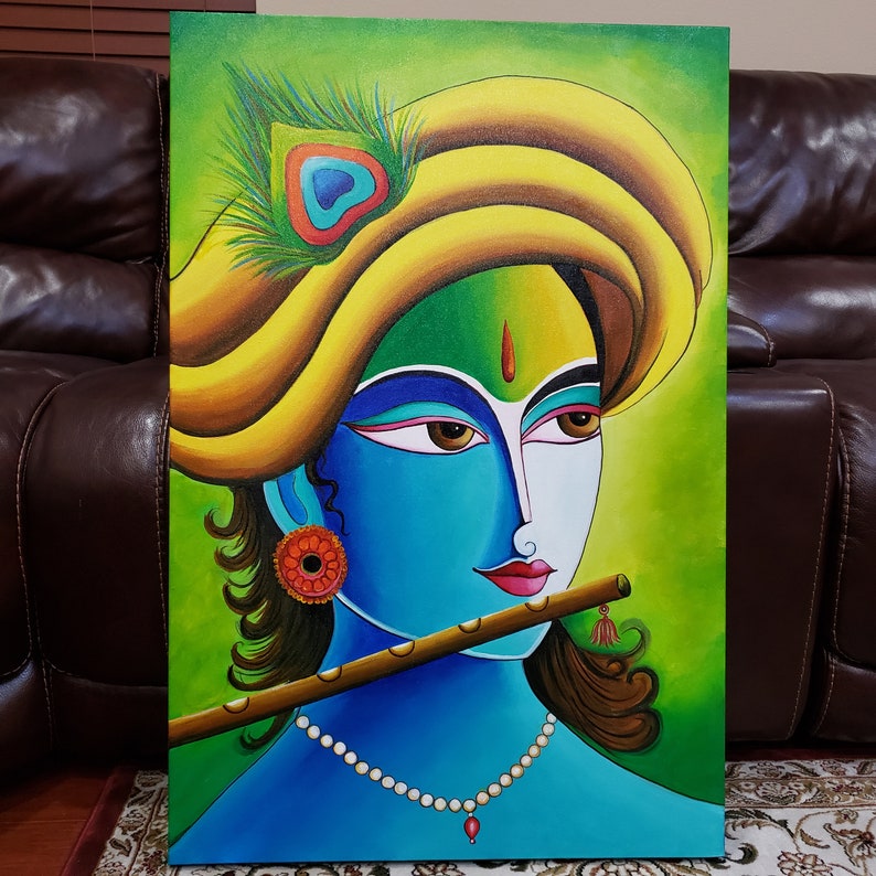 Krishna Playing Flute Canvas Painting Handmade Painting for Etsy