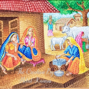 May include: A painting depicting a rural Indian village scene with women in colorful saris, a cow and calf, and a rooster. The text "The Creation By Metal Kanan" is visible in the bottom right corner.