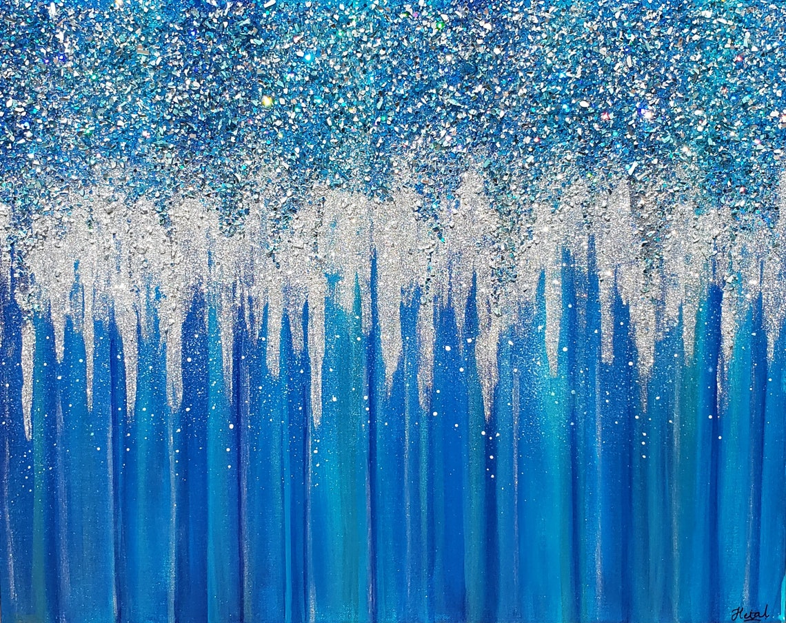 Blue Glitter Crushed Glass Art Silver Glitter Wall Decor Etsy