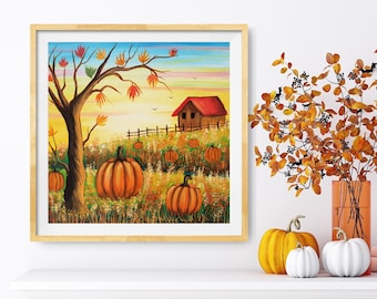 Original Fall Pumpkin Acrylic Painting: Farm Landscape Canvas Art