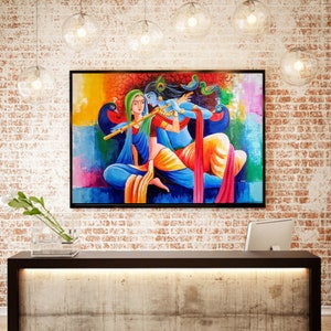 Handmade Radha Krishna Canvas Painting: Large Indian Wall Decor (36&quot;x24&quot;)
