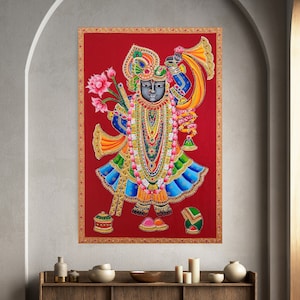 Handmade Shrinathji Canvas Painting: Krishna Swarup, Indian Art
