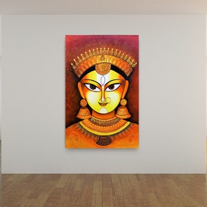 Handmade Maa Durga Acrylic Painting: Indian Goddess Canvas Art