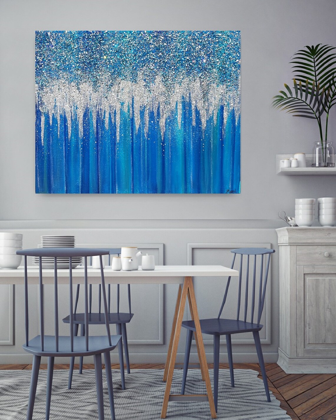 Blue Glitter Crushed Glass Art Silver Glitter Wall Decor Etsy