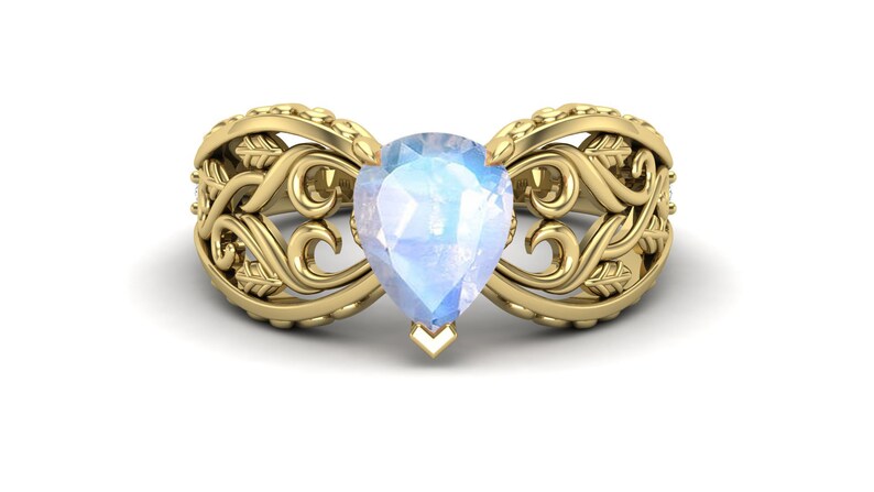 Filigree Art Ring Nature Inspire. AAA Moonstone Wedding Bridal Ring Vintage Art Deco Solitaire Ring Pear Shape Ring Rainbow Stone Ring